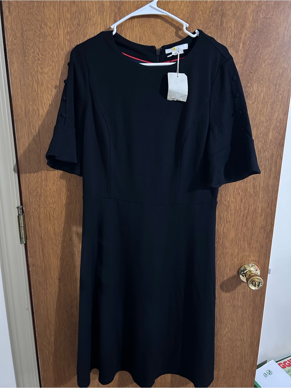 Boden NWT Black Knit Dress Flared Half Sleeve Round Neck Knee Length Size 12
